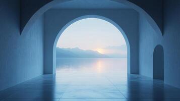 Serene sunset view from a modern room with arches, overlooking a calm ocean and distant mountains photo