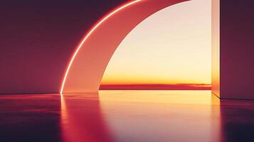 Futuristic archway with glowing neon lights overlooking a beautiful sunset, creating a surreal and atmospheric scene photo