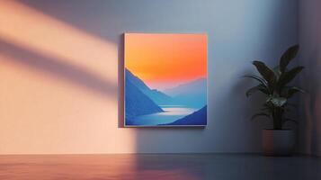 Minimalist interior with a large, colorful painting of a mountain landscape at sunset, adding a touch of nature to the modern space photo