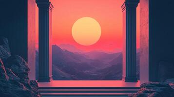 Stone columns frame a breathtaking sunset over a vast mountain range, creating a serene and awe-inspiring scene photo
