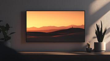 Wide screen television displaying a beautiful desert landscape at sunset, creating a cozy atmosphere in a modern living room photo