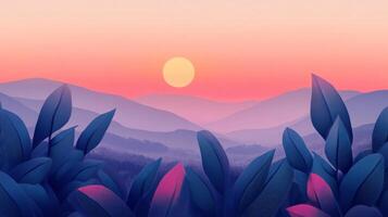 Stylized plants frame a beautiful sunset over rolling hills, creating a peaceful and serene landscape photo