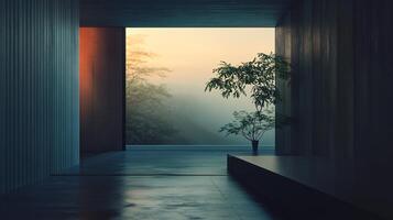Empty modern and minimalist home interior with large window overlooking a misty forest at sunset photo