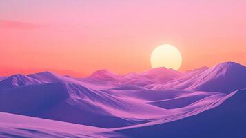 Rolling purple hills extend towards a bright setting sun, creating a vibrant and surreal landscape photo