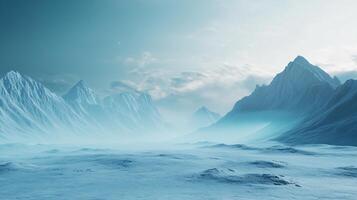 Breathtaking vista of a majestic snowy mountain range towering above a vast icy plain under a cloudy sky photo