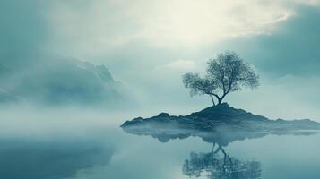 Surreal landscape featuring a lone tree growing on a rocky island in a misty lake, with mountains in the background photo