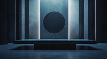 Modern art gallery with black circle backdrop and empty stage illuminated by blue light beams photo