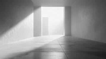 Sunbeams illuminating an empty modern minimalist concrete room with pillars photo