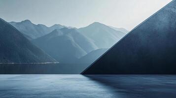 Empty concrete space with majestic mountain lake view, perfect for product placement or showcasing designs photo