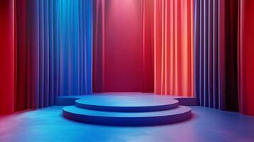 Round stage illuminated by blue and red spotlights with curtains for placing products photo