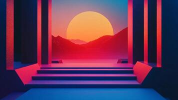 Geometric podium with stairs inside a futuristic building with columns, overlooking a synthwave sunset over the mountains photo