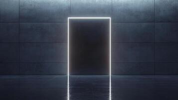Futuristic empty room with glowing rectangular door and concrete walls photo