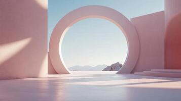 Minimalist pink architectural scene framing a breathtaking view of the ocean and mountains through a large circular opening, creating a serene and captivating atmosphere photo