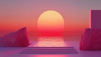 Minimalist 3d rendering of an infinity pool reflecting a big sun during pink and orange sunset photo