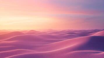 Rolling sand dunes bathed in the warm glow of a setting sun create a surreal and dreamy desert landscape photo