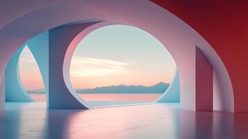 Abstract architecture interior showing ocean and mountain landscape through round windows during sunset photo