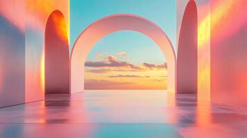 Architectural arches framing a beautiful sunset over calm water, creating a serene and minimalist composition photo