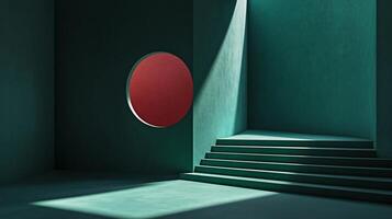 Abstract minimal green room with stairs and round red window, sunlight illuminating the scene, modern architecture and design photo