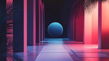 Glowing sphere floats in a neon-lit hallway adorned with palm trees, creating a futuristic and tropical atmosphere photo