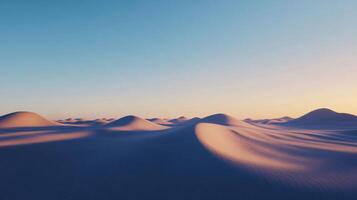 Rolling sand dunes bathe in the warm glow of the setting sun, creating a serene desert landscape photo