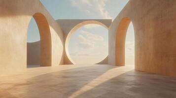 Architectural rendering showcasing a minimalist concrete structure with arches, framing a breathtaking sunset view, creating a serene and captivating atmosphere photo