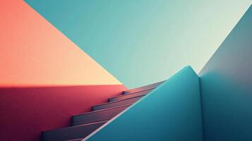 Staircase going up between red and teal walls in empty modern building photo