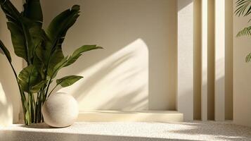 Empty room with tropical plants, sunlight creating shadows on beige wall, and white sphere on terrazzo floor photo