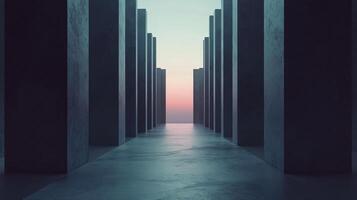 Concrete pillars create a mysterious and evocative corridor leading to a vibrant sunset photo