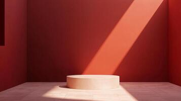 Minimalist red room with an empty round podium illuminated by sunlight creating shadows, ideal for product placement photo