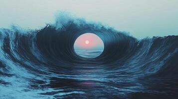 Breaking ocean wave creating a perfect circle framing the setting sun photo