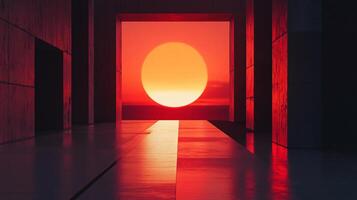 Surreal sunset over the sea, seen from the inside of a modern building with big windows photo