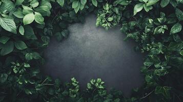 Green leaves creating a natural frame around a gray concrete wall, offering copy space for design and text photo