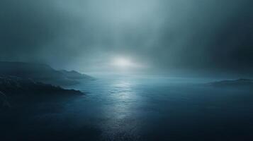 Ethereal moon reflecting on calm ocean at night with fog covering rocky coastline, creating a mysterious and tranquil atmosphere photo