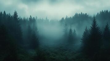 Fog is giving a mysterious atmosphere to a forest of evergreen trees photo