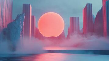 Surreal landscape featuring a giant pink planet, fog, abstract architecture, and a reflective surface, creating a dreamy and otherworldly atmosphere photo