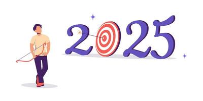 The concept of making plans for the year. Man with a bow hit an arrow in the target. Year 2025 targets. illustration on white background vector