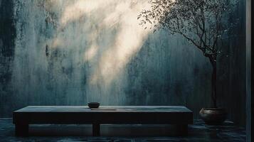 Minimalist interior design featuring a bonsai tree and a low table in a wabi sabi style photo