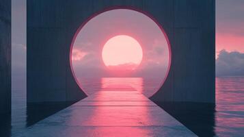 Surreal concrete gate built over the water showing a huge setting pink sun and reflecting on wet pavement photo
