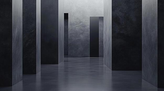 Empty mysterious corridor with dark concrete pillars and doorways leading to unknown spaces, creating a modern and dramatic architectural scene photo