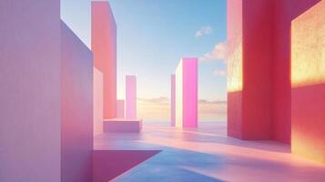 Modern abstract pink and orange architectural structures create a surreal landscape overlooking a calm sea during a vibrant sunset photo
