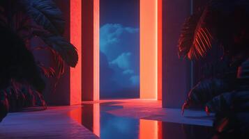 Lush tropical plants frame a futuristic neon gate with water reflections, creating a vibrant and surreal scene photo