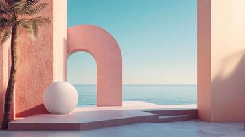 Abstract minimal geometric architectural design with palm tree by the sea photo