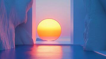Surreal round portal revealing beautiful ocean sunset in abstract blue environment, ideal for backgrounds photo