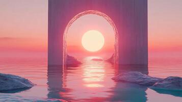 Calm ocean reflecting pink sunset through archway in concrete wall, creating a surreal and tranquil scene photo