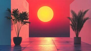 Potted plants framing the setting sun in a minimalist architectural setting, creating a serene and evocative scene photo