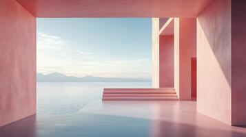 Modern pink building with a view of the ocean and mountains at sunrise, showcasing minimalist architecture and natural beauty photo