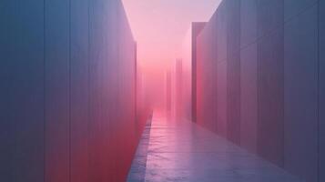 Wet corridor with pink and blue neon lights creating a futuristic and cyberpunk atmosphere photo
