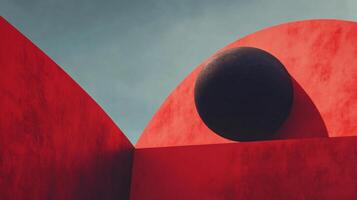 Abstract minimalist composition featuring a black sphere balancing on vivid red walls under a serene blue sky, creating a striking contrast and sense of equilibrium photo