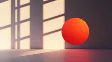 Abstract 3d rendering of a minimalist room featuring a vibrant orange sphere, illuminated by window light casting geometric shadows photo