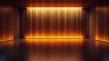 Empty room with glowing wooden walls and floor creates a warm and inviting atmosphere photo